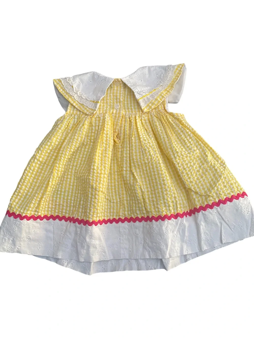 Yellow Gingham Seersucker Samara Girls' Dress with Pink Flower Appliqués Size 2T